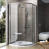 Ravak Pivot PSKK 90 cm íves zuhanykabin, kifelé nyíló ajtóval, szatén ezüst kerettel, átlátszó üvegg